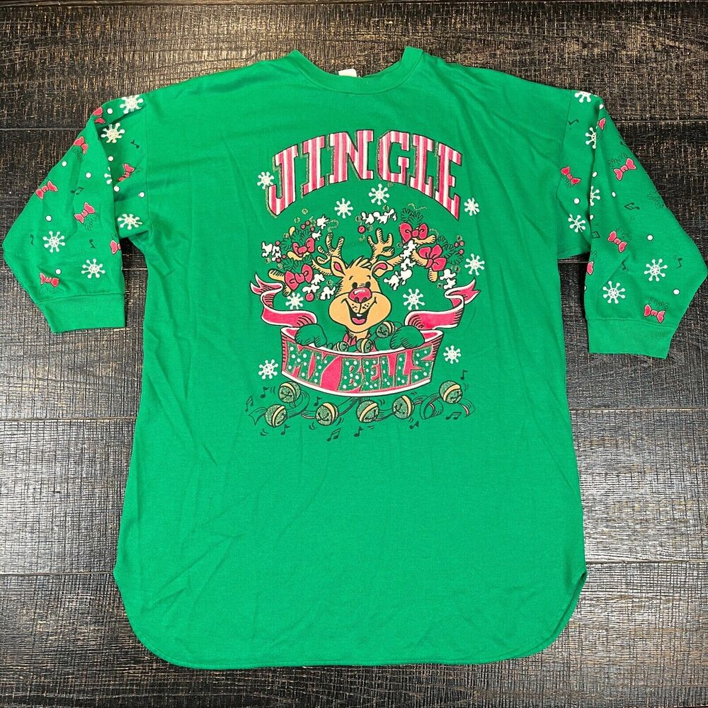 Starlit Nights Vtg 80's My Bells Green Long Nightwear Shirt Women's Size XL